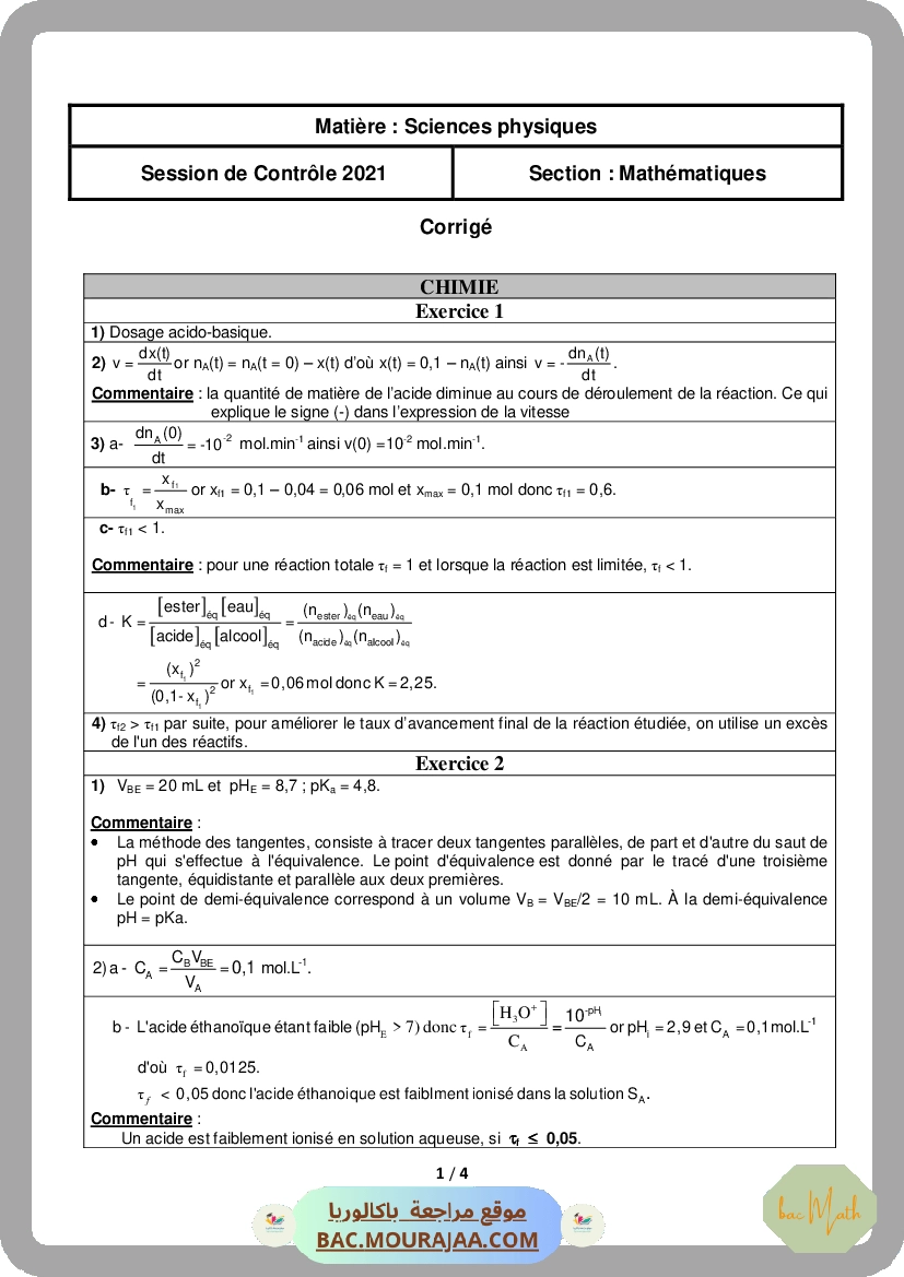 Corrigé controle physique Bac 2021 – Section math